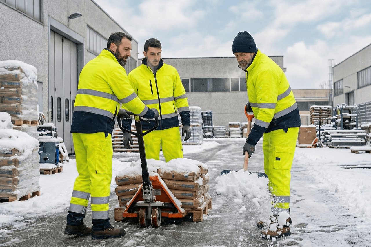 Operai che trasportano pallet al freddo